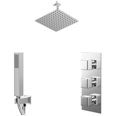 Wholesale Domestic Cubix Polished Chrome Concealed Triple Thermostatic Shower Valve and 300mm Square Head with 150mm Ceiling Arm and Outlet Holder with Kit - 2 Outlet