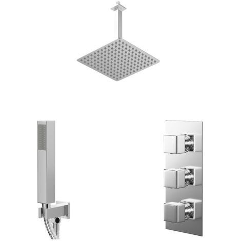 Wholesale Domestic Cubix Polished Chrome Concealed Triple Thermostatic Shower Valve and 300mm Square Head with 300mm Ceiling Arm and Outlet Holder with Kit - 2 Outlet