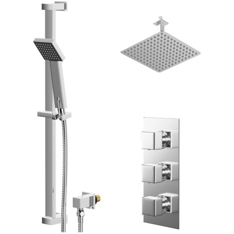 Wholesale Domestic Cubix Polished Chrome Concealed Triple Thermostatic Shower Valve and 300mm Thin Square Fixed Head with 150mm Ceiling Arm and Thames Slide Rail Kit with Square Elbow - 2 Outlet