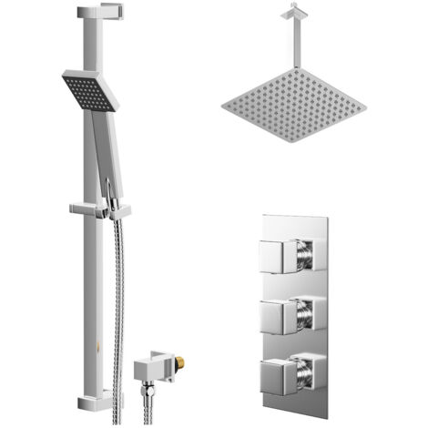 Wholesale Domestic Cubix Polished Chrome Concealed Triple Thermostatic Shower Valve and 300mm Thin Square Fixed Head with 300mm Ceiling Arm and Thames Slide Rail Kit with Square Elbow - 2 Outlet