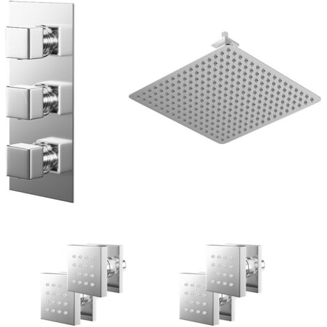 Wholesale Domestic Cubix Polished Chrome Concealed Triple Thermostatic Shower Valve and 400mm Square Head with 150mm Ceiling Arm and 4 Body Jets - 2 Outlet