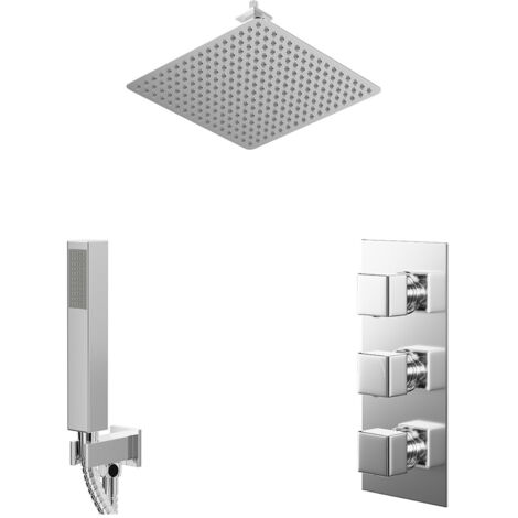 Wholesale Domestic Cubix Polished Chrome Concealed Triple Thermostatic Shower Valve and 400mm Square Head with 150mm Ceiling Arm and Outlet Holder with Kit - 2 Outlet