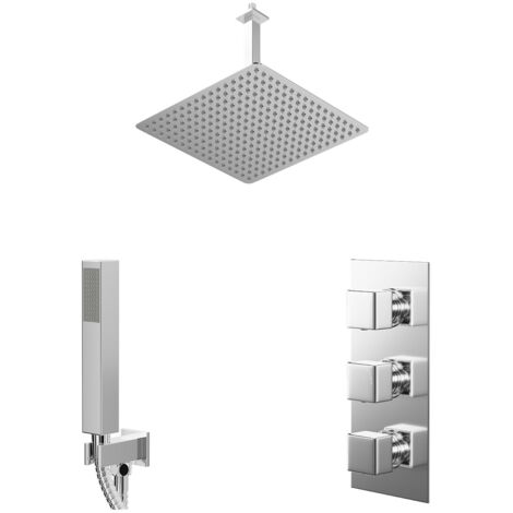 Wholesale Domestic Cubix Polished Chrome Concealed Triple Thermostatic Shower Valve and 400mm Square Head with 300mm Ceiling Arm and Outlet Holder with Kit - 2 Outlet