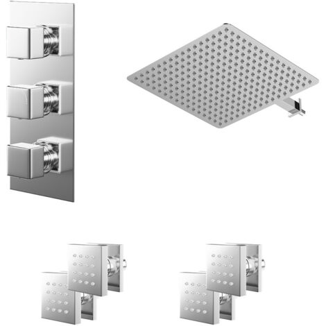 Wholesale Domestic Cubix Polished Chrome Concealed Triple Thermostatic Shower Valve and 400mm Square Head with 345mm Wall Arm and 4 Body Jets - 2 Outlet