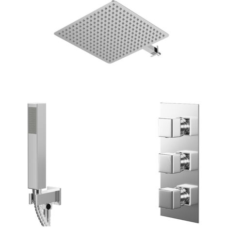 Wholesale Domestic Cubix Polished Chrome Concealed Triple Thermostatic Shower Valve and 400mm Square Head with 345mm Wall Arm and Outlet Holder with Kit - 2 Outlet
