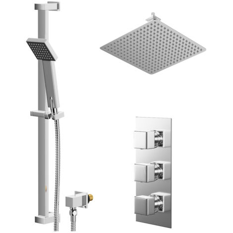 Wholesale Domestic Cubix Polished Chrome Concealed Triple Thermostatic Shower Valve and 400mm Thin Square Fixed Head with 150mm Ceiling Arm and Thames Slide Rail Kit with Square Elbow - 2 Outlet