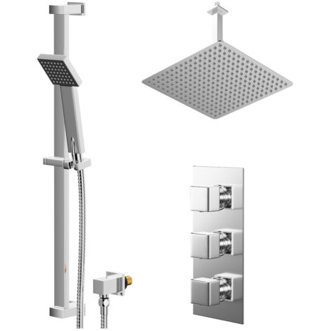 Wholesale Domestic Cubix Polished Chrome Concealed Triple Thermostatic Shower Valve and 400mm Thin Square Fixed Head with 300mm Ceiling Arm and Thames Slide Rail Kit with Square Elbow - 2 Outlet