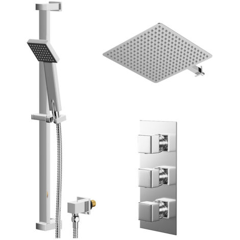 Wholesale Domestic Cubix Polished Chrome Concealed Triple Thermostatic Shower Valve and 400mm Thin Square Fixed Head with Wall Arm and Thames Slide Rail Kit with Square Elbow - 2 Outlet