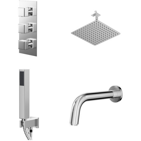 Wholesale Domestic Cubix Polished Chrome Concealed Triple Thermostatic Shower Valve with Diverter and 300mm Square Head with 150mm Ceiling Arm and Outlet Holder with Kit and Bath Spout - 3 Outlet