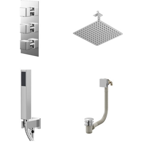 Wholesale Domestic Cubix Polished Chrome Concealed Triple Thermostatic Shower Valve with Diverter and 300mm Square Head with 150mm Ceiling Arm and Outlet Holder with Kit and Free-Flow Bath Filler - 3 