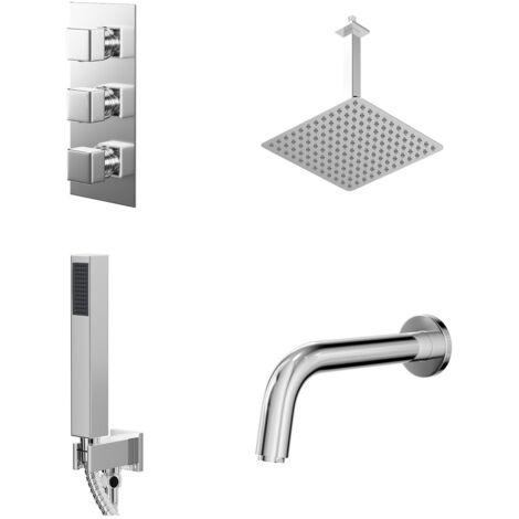Wholesale Domestic Cubix Polished Chrome Concealed Triple Thermostatic Shower Valve with Diverter and 300mm Square Head with 300mm Ceiling Arm and Outlet Holder with Kit and Bath Spout - 3 Outlet