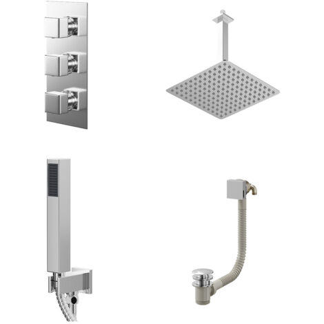 Wholesale Domestic Cubix Polished Chrome Concealed Triple Thermostatic Shower Valve with Diverter and 300mm Square Head with 300mm Ceiling Arm and Outlet Holder with Kit and Free-Flow Bath Filler - 3 