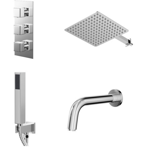 Wholesale Domestic Cubix Polished Chrome Concealed Triple Thermostatic Shower Valve with Diverter and 300mm Square Head with 345mm Wall Arm and Outlet Holder with Kit and Bath Spout - 3 Outlet