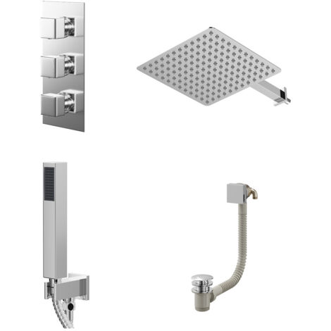 Wholesale Domestic Cubix Polished Chrome Concealed Triple Thermostatic Shower Valve with Diverter and 300mm Square Head with 345mm Wall Arm and Outlet Holder with Kit and Free-Flow Bath Filler - 3 Out
