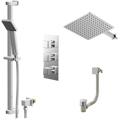 Wholesale Domestic Cubix Polished Chrome Concealed Triple Thermostatic Shower Valve with Diverter and 300mm Square Head with 345mm Wall Arm and Thames Slide Rail Kit with Free-Flow Bath Filler - 3 Out