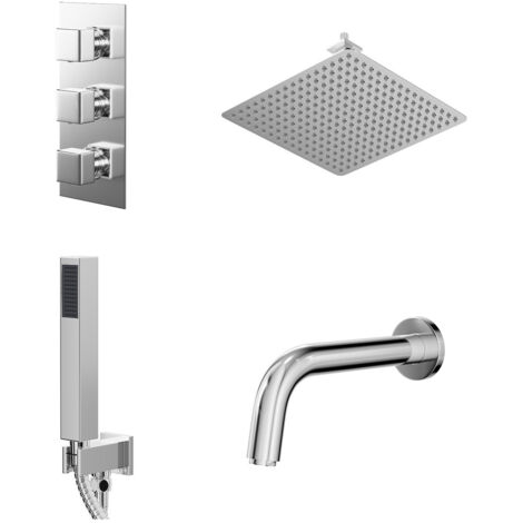 Wholesale Domestic Cubix Polished Chrome Concealed Triple Thermostatic Shower Valve with Diverter and 400mm Square Head with 150mm Ceiling Arm and Outlet Holder with Kit and Bath Spout - 3 Outlet