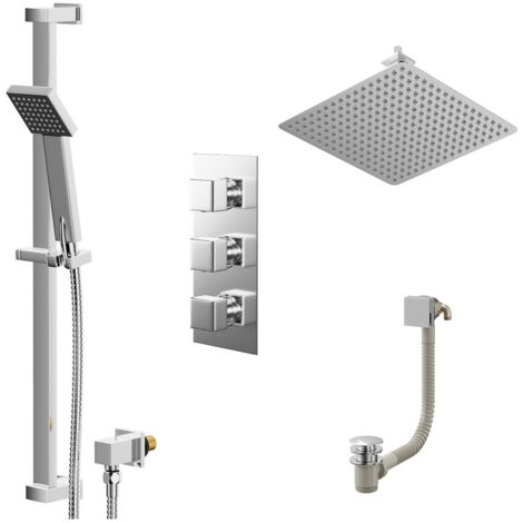 Wholesale Domestic Cubix Polished Chrome Concealed Triple Thermostatic Shower Valve with Diverter and 400mm Square Head with 150mm Ceiling Arm and Thames Slide Rail Kit with Free-Flow Bath Filler - 3 