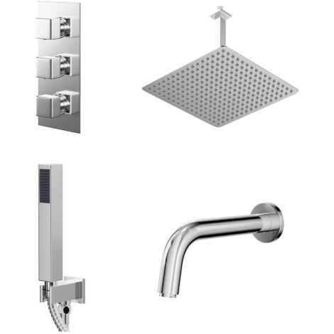 Wholesale Domestic Cubix Polished Chrome Concealed Triple Thermostatic Shower Valve with Diverter and 400mm Square Head with 300mm Ceiling Arm and Outlet Holder with Kit and Bath Spout - 3 Outlet