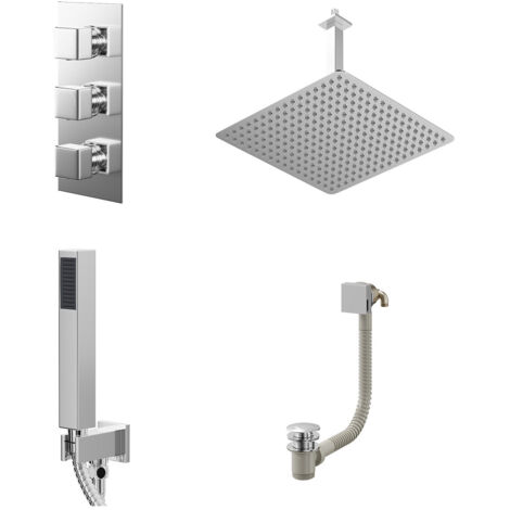 Wholesale Domestic Cubix Polished Chrome Concealed Triple Thermostatic Shower Valve with Diverter and 400mm Square Head with 300mm Ceiling Arm and Outlet Holder with Kit and Free-Flow Bath Filler - 3 