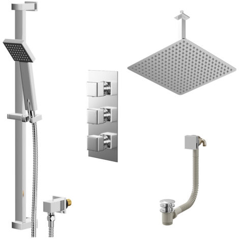 Wholesale Domestic Cubix Polished Chrome Concealed Triple Thermostatic Shower Valve with Diverter and 400mm Square Head with 300mm Ceiling Arm and Thames Slide Rail Kit with Free-Flow Bath Filler - 3 