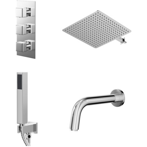 Wholesale Domestic Cubix Polished Chrome Concealed Triple Thermostatic Shower Valve with Diverter and 400mm Square Head with 345mm Wall Arm and Outlet Holder with Kit and Bath Spout - 3 Outlet