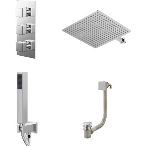 Wholesale Domestic Cubix Polished Chrome Concealed Triple Thermostatic Shower Valve with Diverter and 400mm Square Head with 345mm Wall Arm and Outlet Holder with Kit and Free-Flow Bath Filler - 3 Out