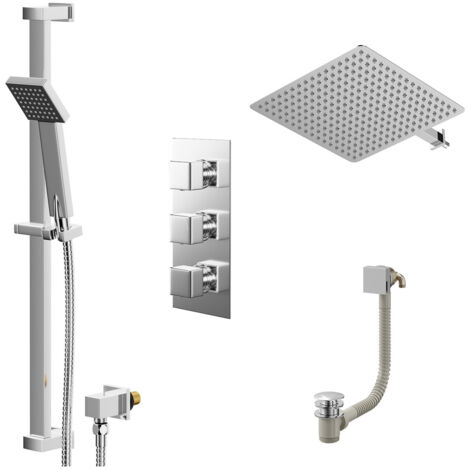 Wholesale Domestic Cubix Polished Chrome Concealed Triple Thermostatic Shower Valve with Diverter and 400mm Square Head with 345mm Wall Arm and Thames Slide Rail Kit with Free-Flow Bath Filler - 3 Out