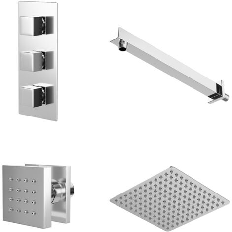 Wholesale Domestic Cubix Polished Chrome Concealed Triple Thermostatic Valve Mixer Shower with Square Fixed Head and Body Jets - 2 Outlet