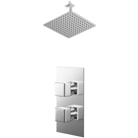 Wholesale Domestic Cubix Polished Chrome Concealed Twin Thermostatic Shower Valve and 300mm Thin Square Fixed Head with 150mm Ceiling Arm - 1 Outlet