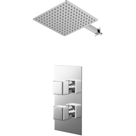 Wholesale Domestic Cubix Polished Chrome Concealed Twin Thermostatic Shower Valve and 300mm Thin Square Fixed Head with Wall Arm - 1 Outlet