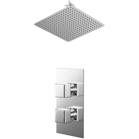 Wholesale Domestic Cubix Polished Chrome Concealed Twin Thermostatic Shower Valve and 400mm Thin Square Fixed Head with 150mm Ceiling Arm - 1 Outlet