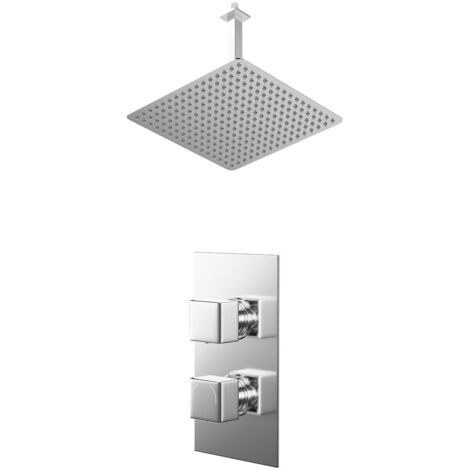 Wholesale Domestic Cubix Polished Chrome Concealed Twin Thermostatic Shower Valve and 400mm Thin Square Fixed Head with 300mm Ceiling Arm - 1 Outlet