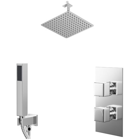 Wholesale Domestic Cubix Polished Chrome Concealed Twin Thermostatic Shower Valve with Diverter and 300mm Square Head with 150mm Ceiling Arm and Outlet Holder with Kit - 2 Outlet