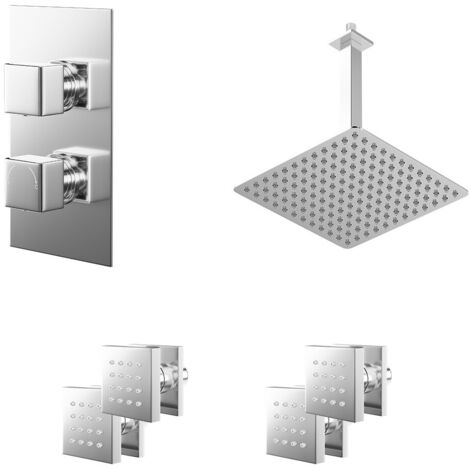 Wholesale Domestic Cubix Polished Chrome Concealed Twin Thermostatic Shower Valve with Diverter and 300mm Square Head with 300mm Ceiling Arm and 4 Body Jets - 2 Outlet