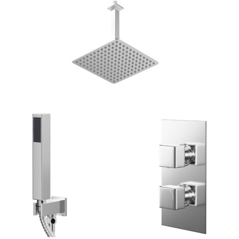 Wholesale Domestic Cubix Polished Chrome Concealed Twin Thermostatic Shower Valve with Diverter and 300mm Square Head with 300mm Ceiling Arm and Outlet Holder with Kit - 2 Outlet