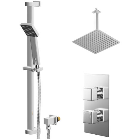 Wholesale Domestic Cubix Polished Chrome Concealed Twin Thermostatic Shower Valve with Diverter and 300mm Square Head with 300mm Ceiling Arm and Thames Slide Rail Kit - 2 Outlet