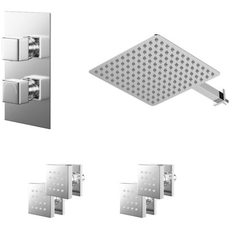Wholesale Domestic Cubix Polished Chrome Concealed Twin Thermostatic Shower Valve with Diverter and 300mm Square Head with 345mm Wall Arm and 4 Body Jets - 2 Outlet