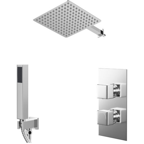 Wholesale Domestic Cubix Polished Chrome Concealed Twin Thermostatic Shower Valve with Diverter and 300mm Square Head with 345mm Wall Arm and Outlet Holder with Kit - 2 Outlet