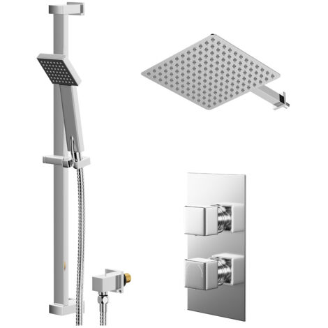 Wholesale Domestic Cubix Polished Chrome Concealed Twin Thermostatic Shower Valve with Diverter and 300mm Square Head with 345mm Wall Arm and Thames Slide Rail Kit - 2 Outlet