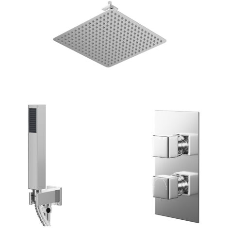 Wholesale Domestic Cubix Polished Chrome Concealed Twin Thermostatic Shower Valve with Diverter and 400mm Square Head with 150mm Ceiling Arm and Outlet Holder with Kit - 2 Outlet