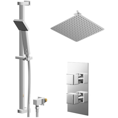 Wholesale Domestic Cubix Polished Chrome Concealed Twin Thermostatic Shower Valve with Diverter and 400mm Square Head with 150mm Ceiling Arm and Thames Slide Rail Kit - 2 Outlet