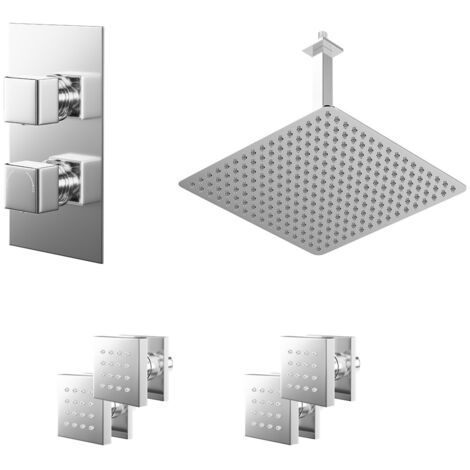 Wholesale Domestic Cubix Polished Chrome Concealed Twin Thermostatic Shower Valve with Diverter and 400mm Square Head with 300mm Ceiling Arm and 4 Body Jets - 2 Outlet