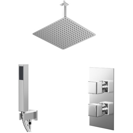 Wholesale Domestic Cubix Polished Chrome Concealed Twin Thermostatic Shower Valve with Diverter and 400mm Square Head with 300mm Ceiling Arm and Outlet Holder with Kit - 2 Outlet