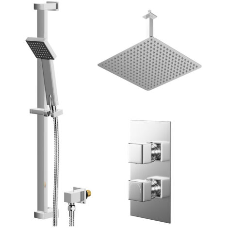 Wholesale Domestic Cubix Polished Chrome Concealed Twin Thermostatic Shower Valve with Diverter and 400mm Square Head with 300mm Ceiling Arm and Thames Slide Rail Kit - 2 Outlet