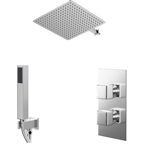 Wholesale Domestic Cubix Polished Chrome Concealed Twin Thermostatic Shower Valve with Diverter and 400mm Square Head with 345mm Wall Arm and Outlet Holder with Kit - 2 Outlet