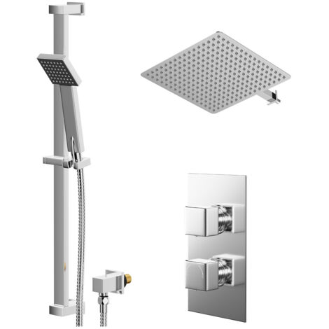 Wholesale Domestic Cubix Polished Chrome Concealed Twin Thermostatic Shower Valve with Diverter and 400mm Square Head with 345mm Wall Arm and Thames Slide Rail Kit - 2 Outlet