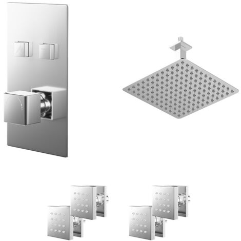 Wholesale Domestic Cubix Polished Chrome Push Button Diverter Concealed Thermostatic Shower Valve and 300mm Square Head with 150mm Ceiling Arm and 4 Body Jets - 2 Outlet