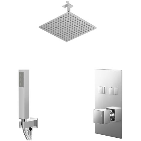 Wholesale Domestic Cubix Polished Chrome Push Button Diverter Concealed Thermostatic Shower Valve and 300mm Square Head with 150mm Ceiling Arm and Outlet Holder with Kit - 2 Outlet