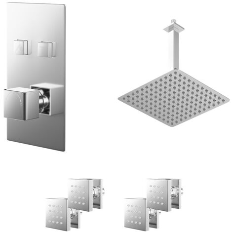 Wholesale Domestic Cubix Polished Chrome Push Button Diverter Concealed Thermostatic Shower Valve and 300mm Square Head with 300mm Ceiling Arm and 4 Body Jets - 2 Outlet