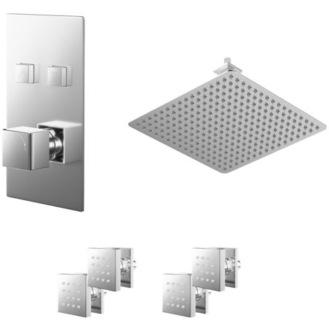 Wholesale Domestic Cubix Polished Chrome Push Button Diverter Concealed Thermostatic Shower Valve and 400mm Square Head with 150mm Ceiling Arm and 4 Body Jets - 2 Outlet